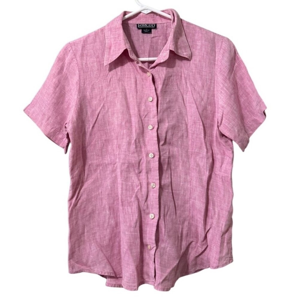 Lands End Pink 100% Linen Short Sleeve Button Down Shirt Blouse Women Size 10 R